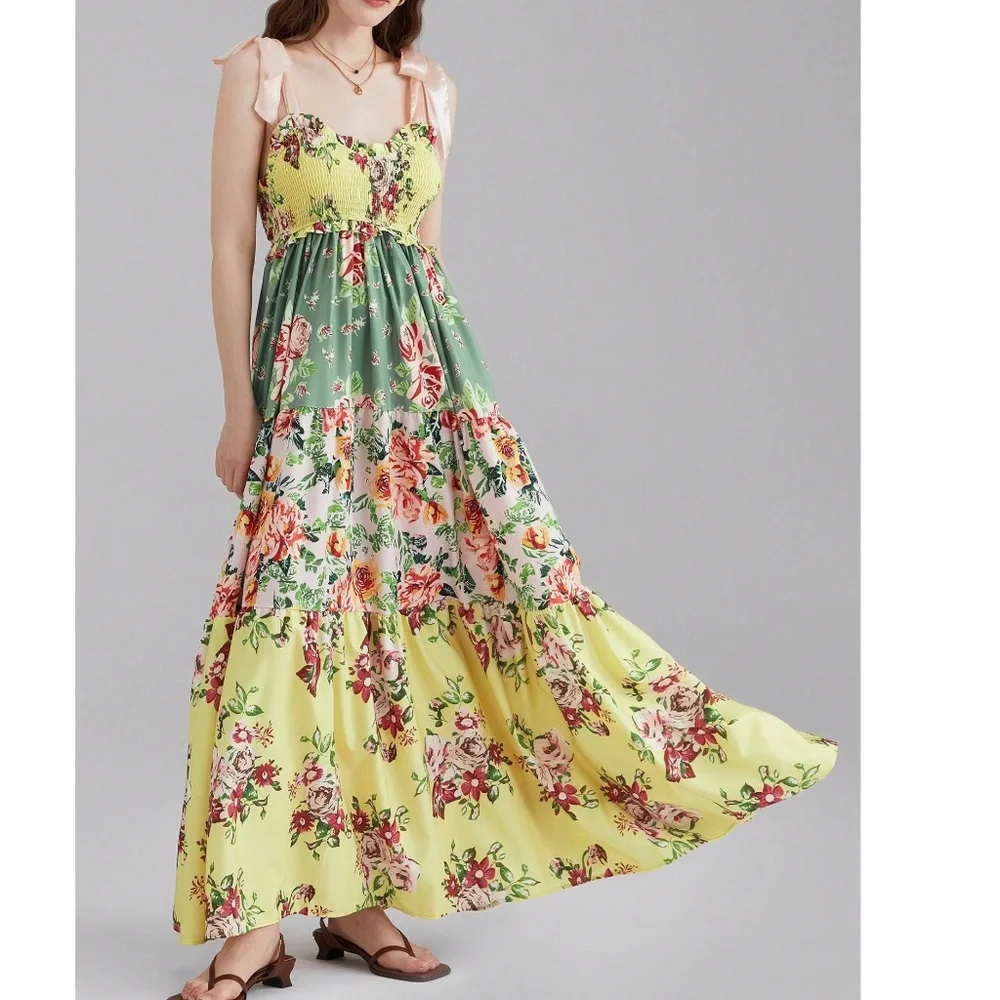 Boho Multicolor Floral Print Shirred Shoulder Tie Ruffle Hem Dress - Picture 4 of 4
